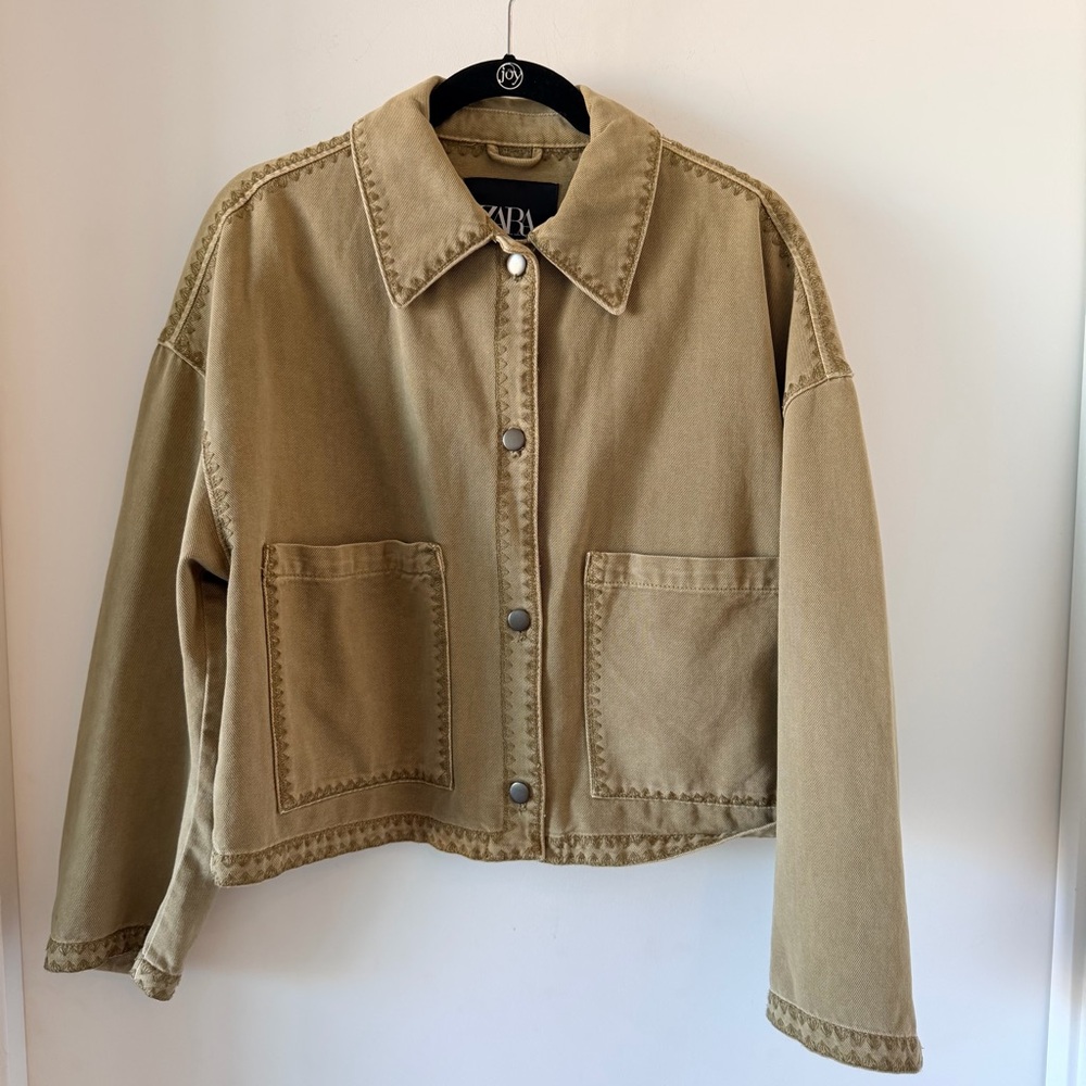 ZARA Oversized Cotton Utility Overshirt Khaki Green Topstitch Jacket Size Small - Picture 4 of 10